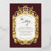 ヴィンテージエレガントバロックのスクロールワークブルゴーニュ 箔招待状 (正面)