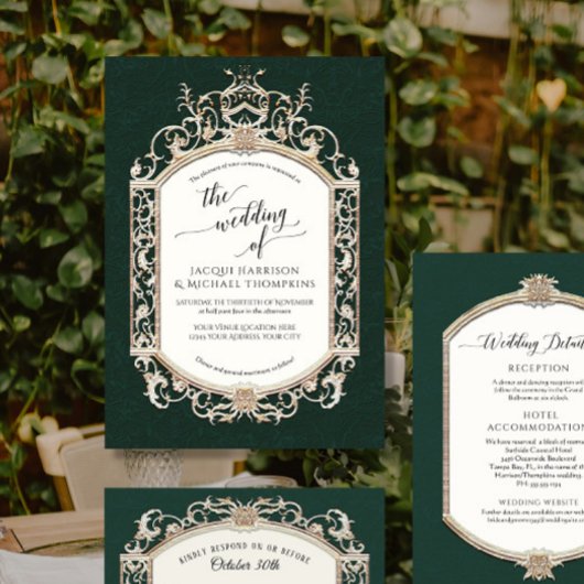 ヴィンテージエレガントバロックビクトリアンエメラルドn金ゴールド 招待状