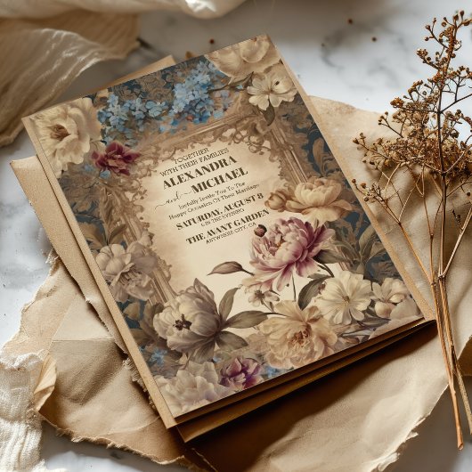 ヴィンテージエレガントバロックビクトリアンクリームベージュ色金ゴールド 招待状