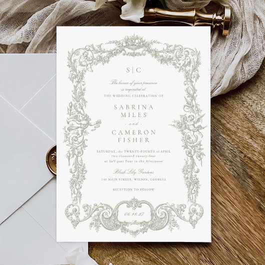 ヴィンテージエレガントバロックフローラセージ結婚フレーム 招待状