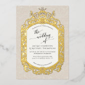 ヴィンテージエレガントバロック式スクロールベージュ色ベージュ金ゴールド 箔招待状 (正面)