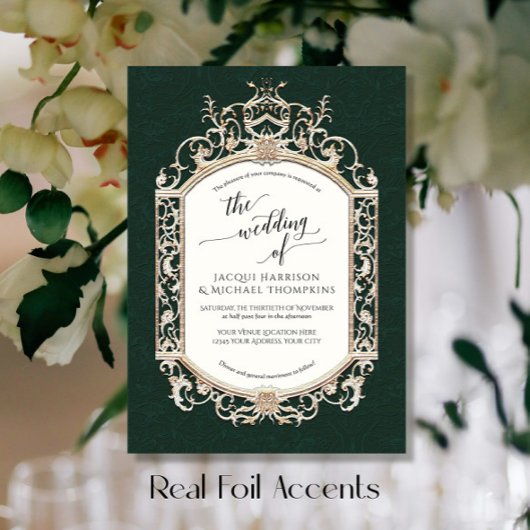 ヴィンテージエレガントバロック様式のスクロールワークフォレストグリーン 箔招待状