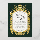 ヴィンテージエレガントバロック様式のスクロールワークフォレストグリーン 箔招待状 (正面)