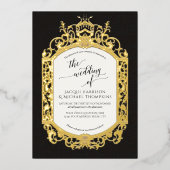 ヴィンテージエレガントバロック様式のスクロールワーク白黒 箔招待状 (正面)