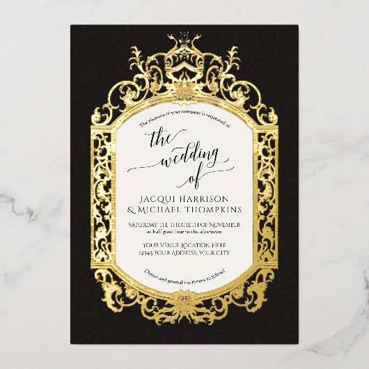 ヴィンテージエレガントバロック様式のスクロールワーク白黒 箔招待状 (正面)