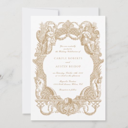 ヴィンテージエレガントバロック金ゴールドトイルフレ結婚ーム 招待状 (正面)