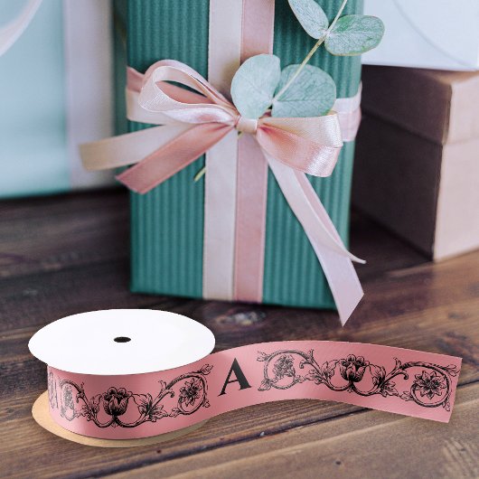 ヴィンテージエレガントパステルピンクフローラアンドモノグラム サテンリボン