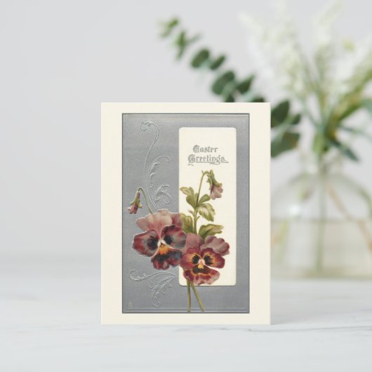 ヴィンテージエレガントパンジーとイースターの挨拶 ポストカード (スタンド正面)