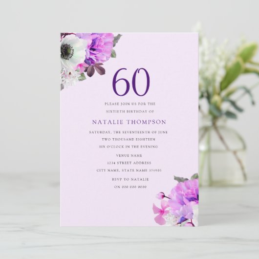 ヴィンテージエレガントパープルフラワー60誕生日招待状 招待状 (スタンド正面)