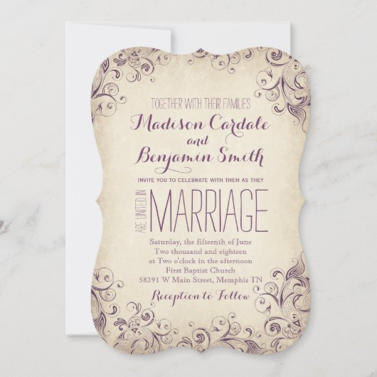 ヴィンテージエレガントパープルフレア結婚式招待状 招待状 (正面)