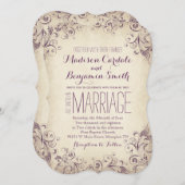 ヴィンテージエレガントパープルフローリッシュ結婚式招待状 招待状 (正面/裏面)