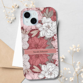ヴィンテージエレガントピンクと白のフローラ名前をカスタムする iPhone 15ケース