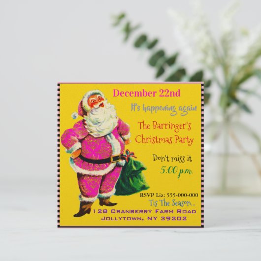 ヴィンテージエレガントピンクのサンタのクリスマスパーティー 招待状 (スタンド正面)