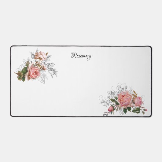 ヴィンテージエレガントピンクのバラとエッチングされたフローラ/名前 デスクマット (正面)