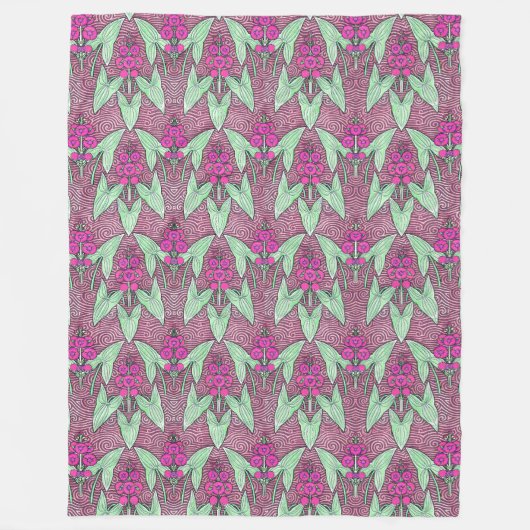 ヴィンテージエレガントピンクグリーンアールヌーボーフローラ フリースブランケット (正面)