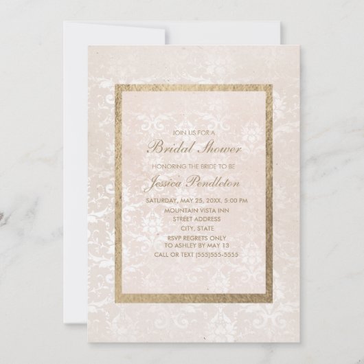 ヴィンテージエレガントピンクダマスク金ゴールドブライダルシャワー 招待状 (正面)