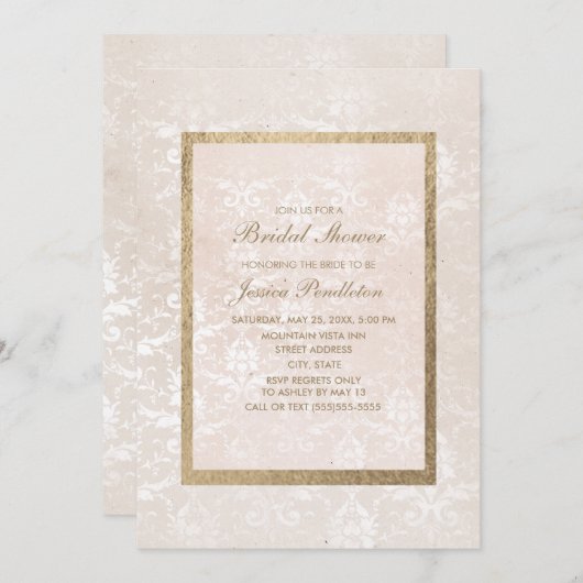 ヴィンテージエレガントピンクダマスク金ゴールドブライダルシャワー 招待状 (正面/裏面)