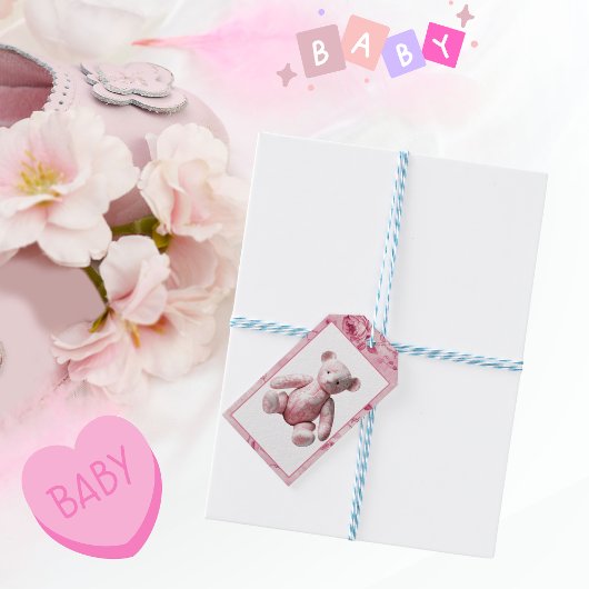 ヴィンテージエレガントピンクトイレテディベアお祝い ギフトタグ