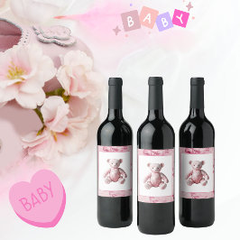 ヴィンテージエレガントピンクトイレテディベアお祝い ワインラベル