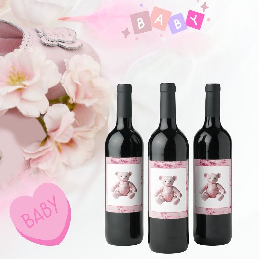 ヴィンテージエレガントピンクトイレテディベアお祝い ワインラベル