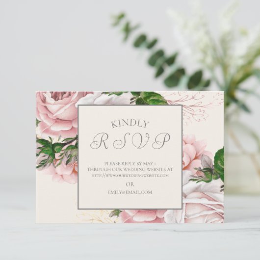 ヴィンテージエレガントピンクフローラクリームウェディングRSVP 出欠カード (スタンド正面)