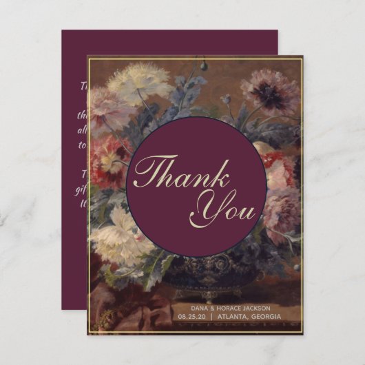 ヴィンテージエレガントピンクブルービババスケット牡丹 サンキューカード (正面/裏面)