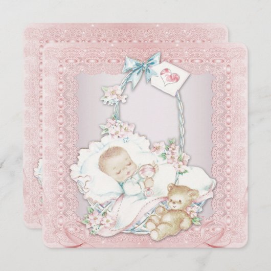 ヴィンテージエレガントピンクベビーガールシャワー 招待状 (正面/裏面)