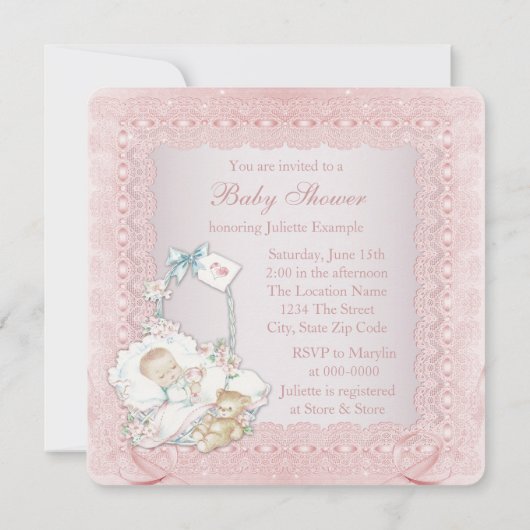 ヴィンテージエレガントピンクベビーガールシャワー 招待状 (裏面)