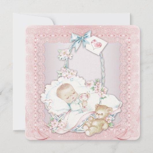 ヴィンテージエレガントピンクベビーガールシャワー 招待状 (正面)