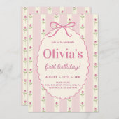 ヴィンテージエレガントピンクボウフローラ誕生日 招待状 (正面/裏面)