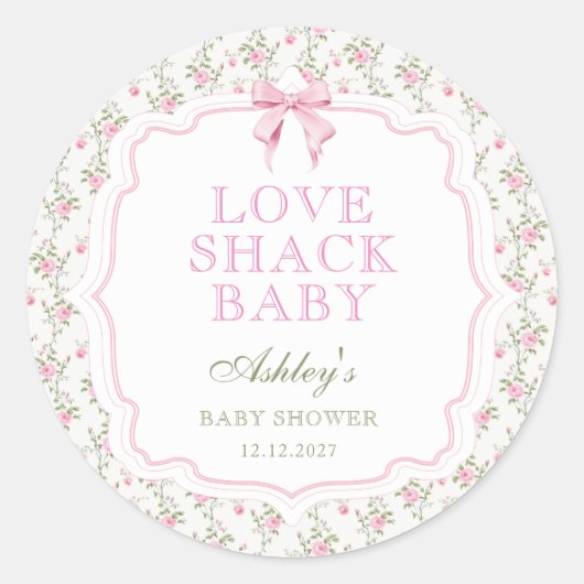 ヴィンテージエレガントピンクボウラブシャックベビーシャワー ラウンドシール (正面)
