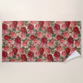 ヴィンテージエレガントピンクレッドフローラオンピンクローズ金ゴールド ビーチタオル (正面)