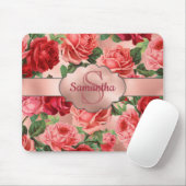ヴィンテージエレガントピンクレッドローゼスフローラモノグラムの マウスパッド (マウス)