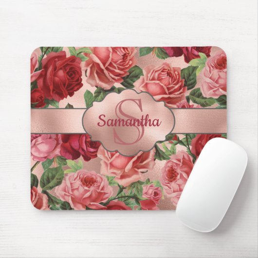 ヴィンテージエレガントピンクレッドローゼスフローラモノグラムの マウスパッド (マウス)
