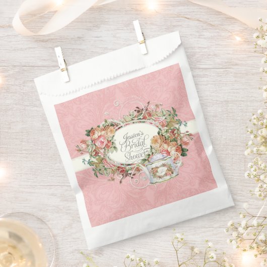 ヴィンテージエレガントピンクローズティーパーティーブライダルシャワー フェイバーバッグ (クリップ留めされた状態)