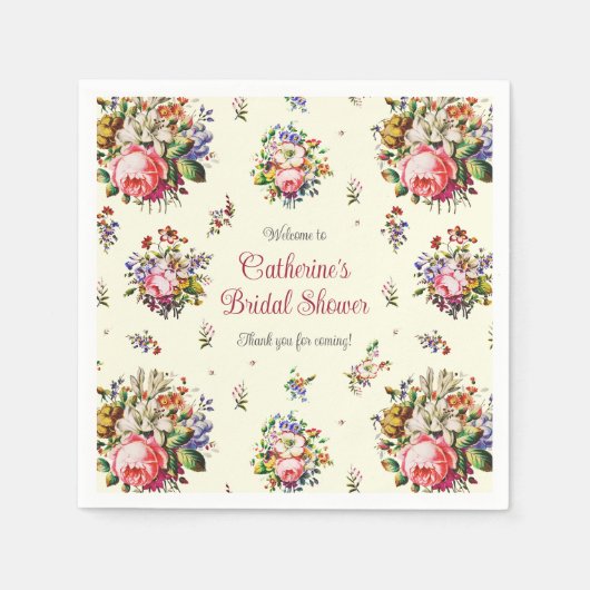 ヴィンテージエレガントピンクローズフローラルパターンクリーム スタンダードカクテルナプキン (正面)