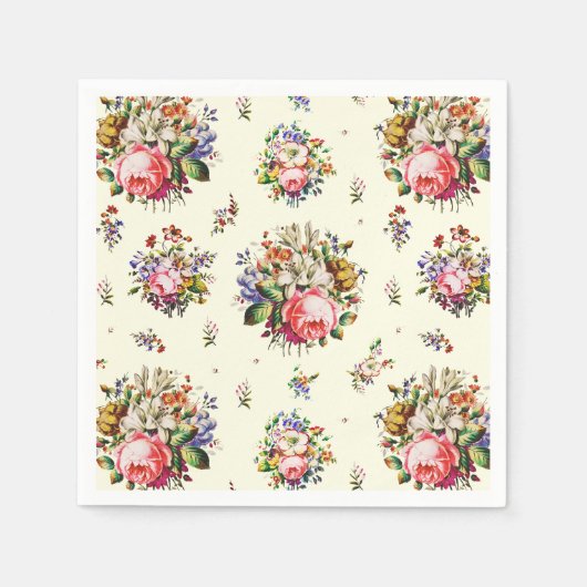 ヴィンテージエレガントピンクローズフローラルパターンクリーム スタンダードカクテルナプキン (正面)