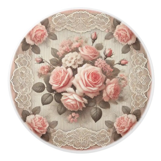 ヴィンテージエレガントピンクローズフローラ(レース付) セラミックノブ (正面)