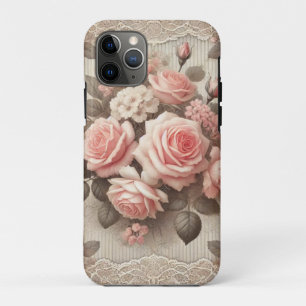 ヴィンテージエレガントピンクローズフローラ(レース付) iPhone 11 PROケース