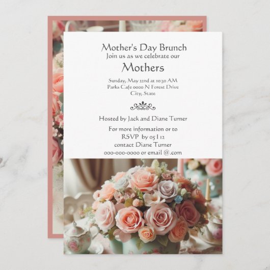 ヴィンテージエレガントピンクローズマザーズデイ 招待状 (正面/裏面)