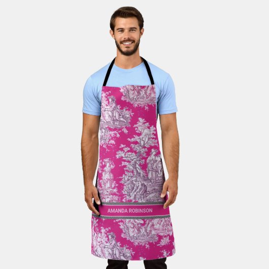 ヴィンテージエレガントピンク色マゼンタレイクトイレデジュイ エプロン (着用した状態)