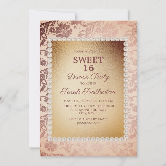 ヴィンテージエレガントピンク金ゴールドスウィート16ダンスパーティー 招待状 (正面)