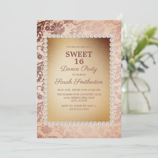 ヴィンテージエレガントピンク金ゴールドスウィート16ダンスパーティー 招待状 (スタンド正面)