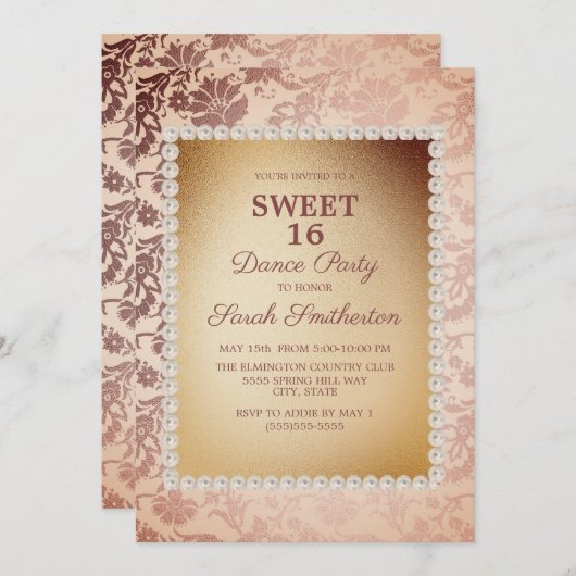 ヴィンテージエレガントピンク金ゴールドスウィート16ダンスパーティー 招待状 (正面/裏面)