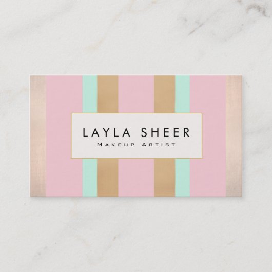 ヴィンテージエレガントピンク&金ゴールドストライプのメイクアップアーティスト 名刺 (正面)