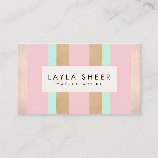 ヴィンテージエレガントピンク&金ゴールドストライプのメイクアップアーティスト 名刺 (正面)