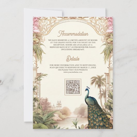 ヴィンテージエレガントピーコックガーデンインディアン結婚ズ 招待状 (裏面)