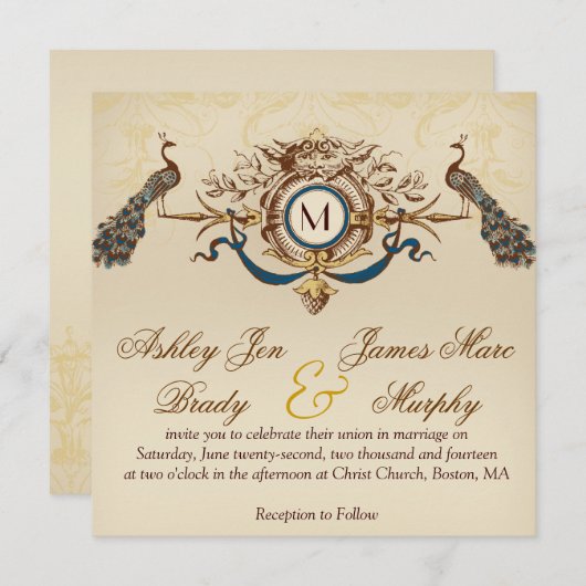 ヴィンテージエレガントピーコックスクエア結婚式招待状 招待状 (正面/裏面)