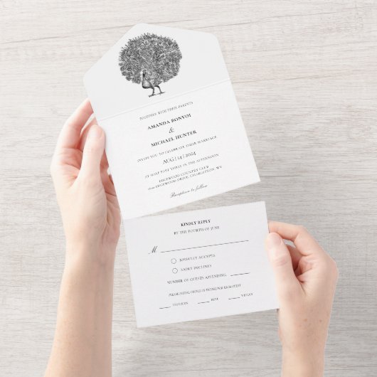 ヴィンテージエレガントピーコックトリフォールドシールアンドセンド オールインワン招待状 (貼ってはがせる)