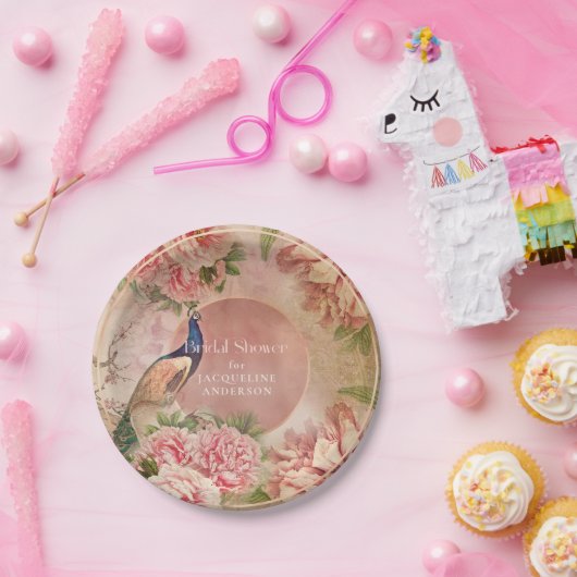 ヴィンテージエレガントピーコックピンクピーニーブライダルシャワー ペーパープレート (パーティー)